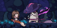 a pixel art drawing of a person with a ghost behind them