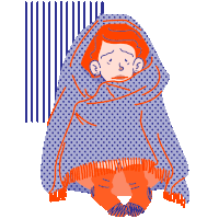 a cartoon drawing of a person wrapped in a polka dot blanket