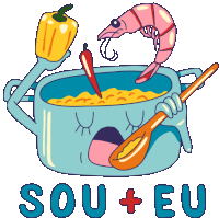 a cartoon drawing of a pot of soup with a shrimp in it