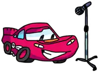 a cartoon drawing of a pink lightning mcqueen car next to a microphone