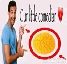 a man is pointing at a plate of food with the words our little comedian written on it .