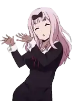 a cartoon girl with pink hair and a bow on her head is dancing .