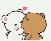 a couple of teddy bears hugging each other with hearts floating around them
