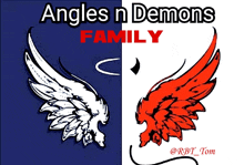 a poster that says angles n demons family with a red and white wing