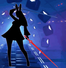 a silhouette of a rabbit holding a red light saber