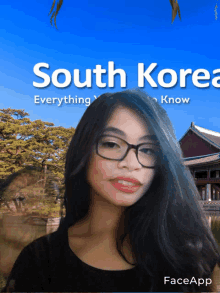 a woman wearing glasses stands in front of a poster that says south korea everything know