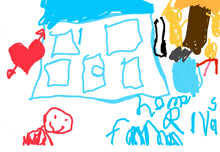 a child 's drawing of a house with the words home family on it