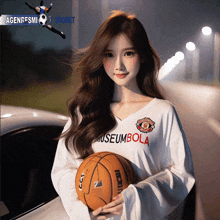 a woman holding a basketball wearing a white museumbola shirt