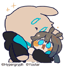 a drawing of a girl hugging a stuffed animal with the name hypergryph on the bottom