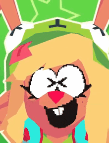 a pixel art drawing of a cartoon character with a green hat on