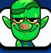 a cartoon drawing of a green goblin with a blue shirt and sunglasses .