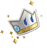 a sticker of a crown with blue eyes and a gold ribbon