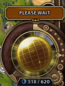 a screenshot of a video game with a please wait button