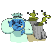 a cartoon of a monster covering his nose in front of stinky trash cans