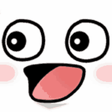 a cartoon face with a pink tongue sticking out and big eyes .