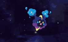 a cartoon drawing of a purple and blue cloud in space