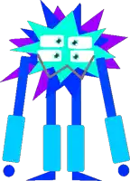 a cartoon drawing of a blue and purple monster with four eyes