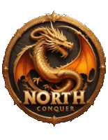 a logo for a game called north conquer with a dragon on it