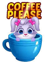a cartoon bunny in a blue cup with the words coffee please above it