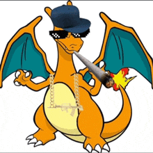 a cartoon dragon wearing sunglasses and a hat is holding a cigarette