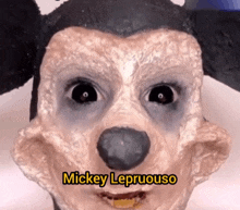 a close up of a mickey mouse mask with the name mickey lepruouso written on the bottom