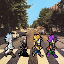 a pixel art of rick morty and his friends crossing a road