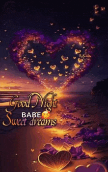 a good night babe sweet dreams greeting card with a heart made of hearts