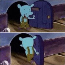 a cartoon character is standing in front of a door and waving .
