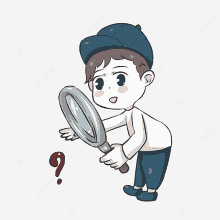 a boy with a magnifying glass and a question mark