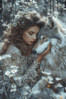 a woman in a white dress holds a wolf in her lap