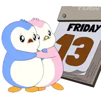 two penguins hugging each other in front of a calendar that says friday 13