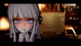 a pixelated image of a girl with purple eyes