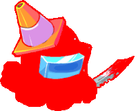 a red among us character with a cone on top of it