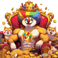 a doge wearing a clown costume is sitting on a throne surrounded by gold coins