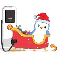 a penguin wearing a santa hat is sitting in a sleigh full of gifts