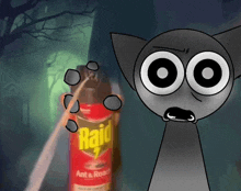 a cartoon cat is standing in front of a raid ant and roach spray