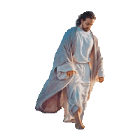 a painting of jesus in a white robe walking barefoot