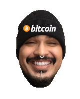 a man with a beard wearing a black beanie that says bitcoin