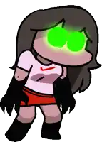 a cartoon girl wearing a nike shirt and red skirt has green eyes
