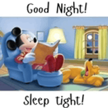 mickey mouse is sitting in a chair reading a book with a dog laying on the floor .