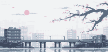 a pixel art drawing of a city with a bridge and a tree with flowers