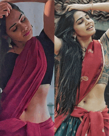 a woman in a red saree and a woman in a black crop top