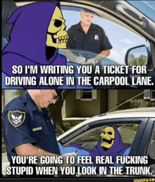 a cartoon of a skeleton talking to a police officer in a carpool lane