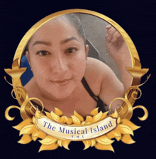 a picture of a woman in a gold frame that says the musical island t.m.i