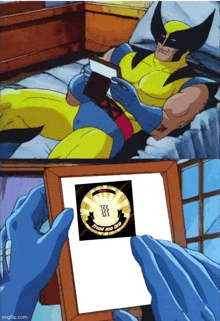 a cartoon of wolverine reading a book and holding a picture of him