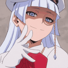 a girl with white hair and blue eyes is wearing a white hat and gloves