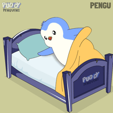 a cartoon of a penguin laying in a bed with the name pengu on the bottom