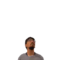 a man with glasses and a beard is looking up at the number 19