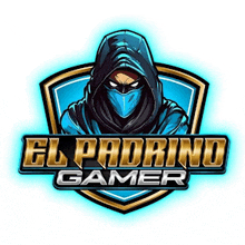 a logo for el padrino gamer shows a ninja wearing a hood and mask .