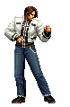 a pixel art of a man wearing a white jacket and blue jeans pointing at something .